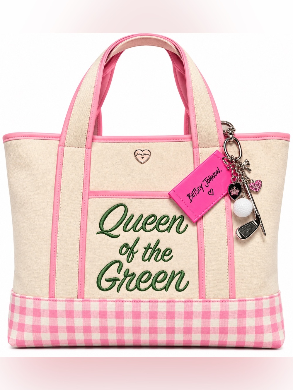 HTF Betsey Johnson Cream Canvas Golf Tote with Pink Trim and Green Embroidery